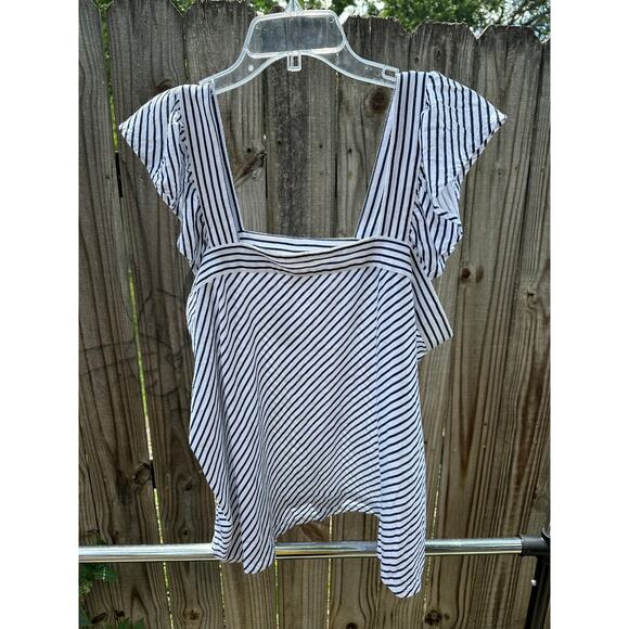 LOFT XL Black & White Striped Flutter Sleeve Tank Top - Picture 1 of 3